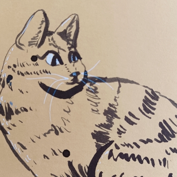 ORIGINAL ART Cat on Daisy by Maria Rivera. Ink Painting on 12x12" mat board - Picture 6 of 7